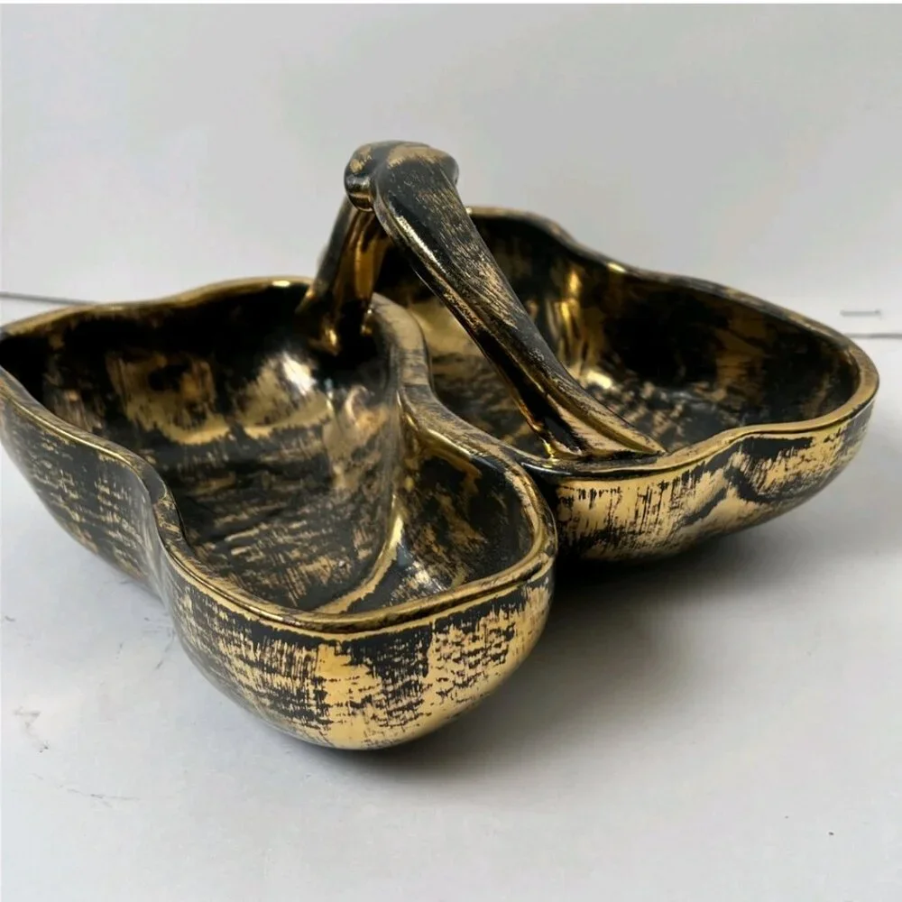 Vintage STANGL Black Gold Double Pear Bowl #3782 22K Gold MCM Pottery